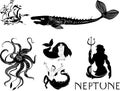 Set of silhouettes of sea mythological creatures: neptune, kraken, mermaid, echeneis
